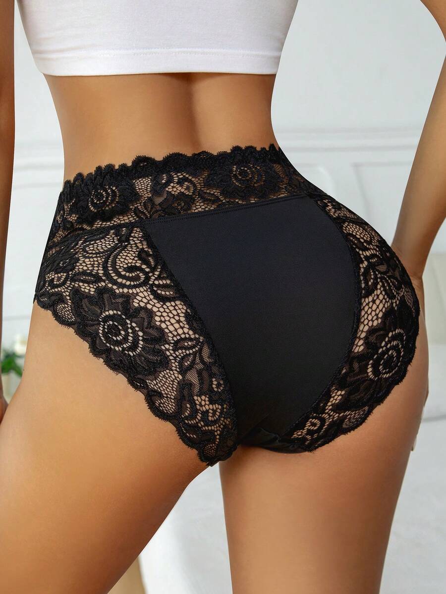 1 pièce Culotte décontractée à taille haute avec bordure en dentelle noire, stretch moyen, sous-vêtements décontractés pour femmes