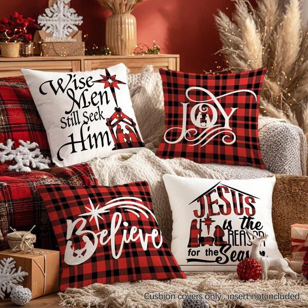 MEMNUN 4pcs Christmas Red Plaid Bible Story Text Print Pattern Pillow Covers [No Pillow Insert], 17.7*17.7in(45*45cm), [Single-Sided Printing] Merry Christmas Polyester Throw Pillow Covers, Christmas Decor, Room Decor, Home Decor, Bedroom Decor, Room Decoration Stuff For Sofa, Living Room, Bedroom, Car, Office, Hotel, Homestay, Great Christmas Gift For Family And Friends