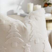 1pc/2pcs Beige Christmas Tree Embossed Decorative Pillow Cover (Pillow Insert Not Included), Reversible Dutch Linen Fabric, Square Cushion Cover, Holiday Home Decor Pillow, Soft Velvet Fabric, Modern Decor For Sofa, Bedroom, Dorm - Beige - View 6