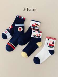 5 Pairs/Set Kids Cartoon Construction Vehicle Mid-Calf Socks, Boys Socks, Soft & Breathable, Suitable For Autumn/Winter Daily And Back To School Wear - Multicolor - View 4