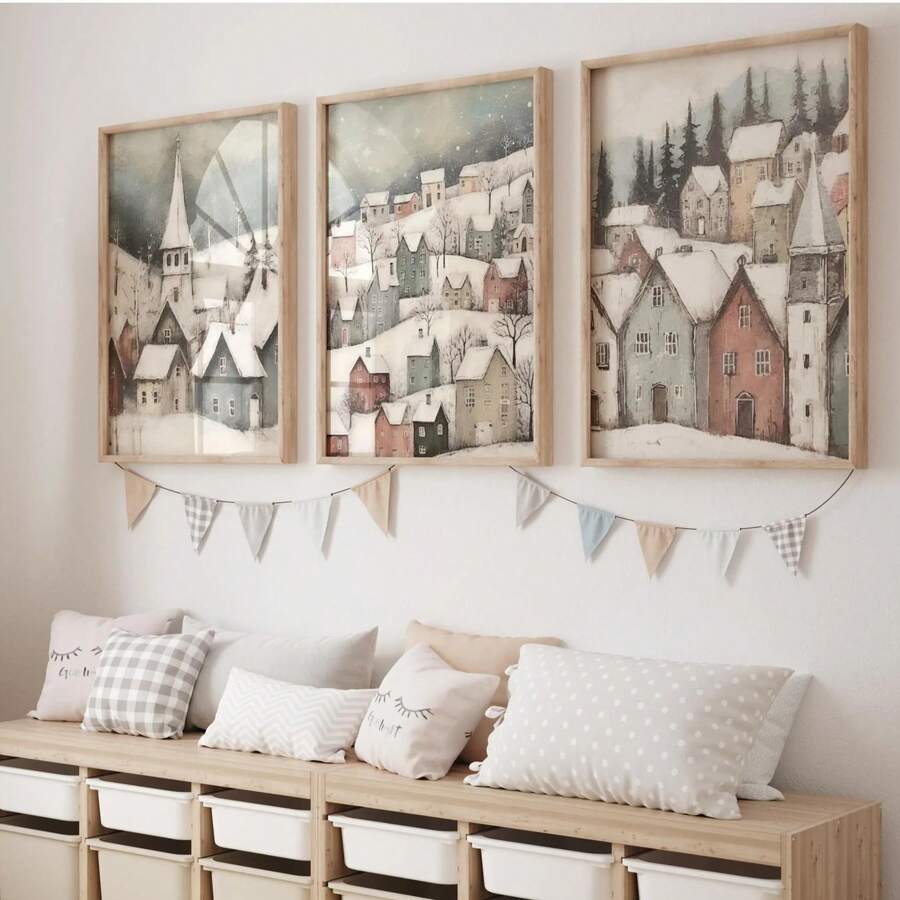 Ensemble de 3 impressions artistiques de paysage de village d'hiver, paysage enneigé de ville de Noël scandinave, décoration murale saisonnière sans cadre pour le salon, la chambre à coucher, le bureau à domicile - style rétro moderne classique, motif de dessin animé, peintures d'intérieur portrait