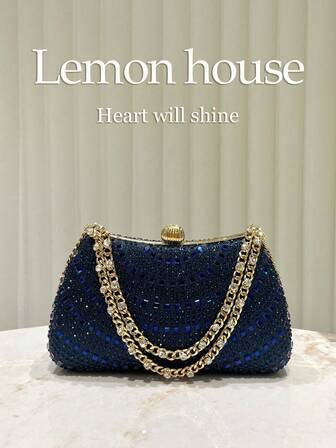 1 pieza Bolso de embrague de lujo con brillos azul marino y rhinestones, bolso elegante con forma de caja de alta gama, adecuado para fiestas de noche, bodas, fiestas de cóctel, carnavales, galas y otras ocasiones para damas