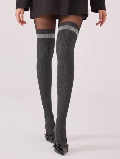 1pc Women's Faux Thigh-High Striped Warm Tights