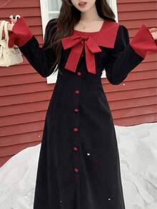 1 件时尚黑色束腰连衣裙，学院风百搭女士连衣裙，秋冬 - 黑色 - 查看 2