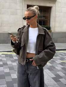 Chaqueta de ante gris para mujer, de corte oversize, de uso casual, con bolsillos con cremallera, para otoño e invierno