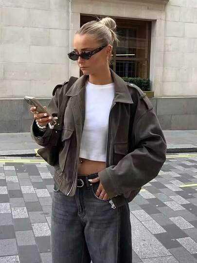 Chaqueta de ante gris para mujer, de corte oversize, de uso casual, con bolsillos con cremallera, para otoño e invierno