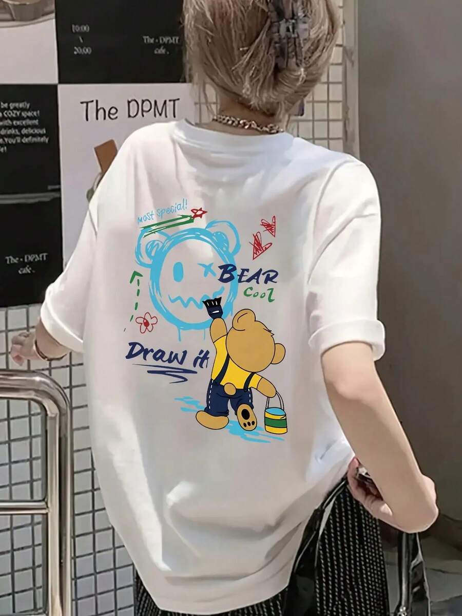 Camiseta de manga corta para damas con estampado de patrones, top de cuello redondo suelto y casual, se puede lavar aáquina para comodidad durante las cuatro estaciones. - Blanco - Ver 1