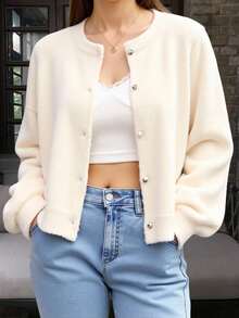 Livesso Drop Shoulder Fluffy Knit Button Front Cardigan,Long Sleeve Tops,Fall Clothes Jacket - Beige - View 1