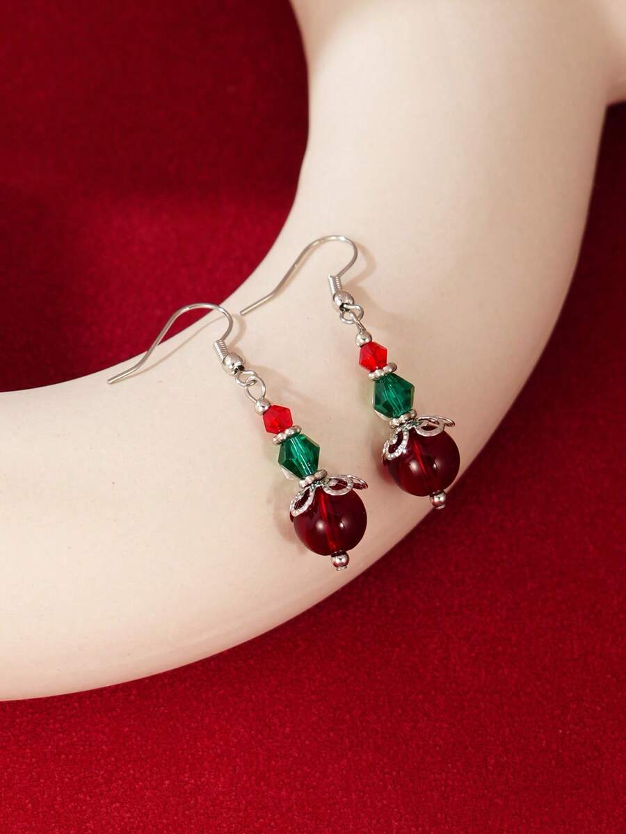 1Pair Cute Christmas Red And Green Beaded Dangle Earrings - Holiday Festive Jewelry Gift For Women
