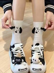 2 Pairs Cartoon Puppy Ears Crew Socks, Versatile Floor Socks For Women, Autumn/Winter - Black and White - View 3