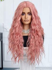 28英寸长波浪形合成假发，无刘海，粉色卷发假发，蓬松粉色中长卷发假发，专为女性设计：外观自然，耐热，适合派对、角色扮演、日常佩戴，也适合派对、音乐节，是理想的母亲节礼物，完美展现派对时尚。 - 粉色 - 查看 5