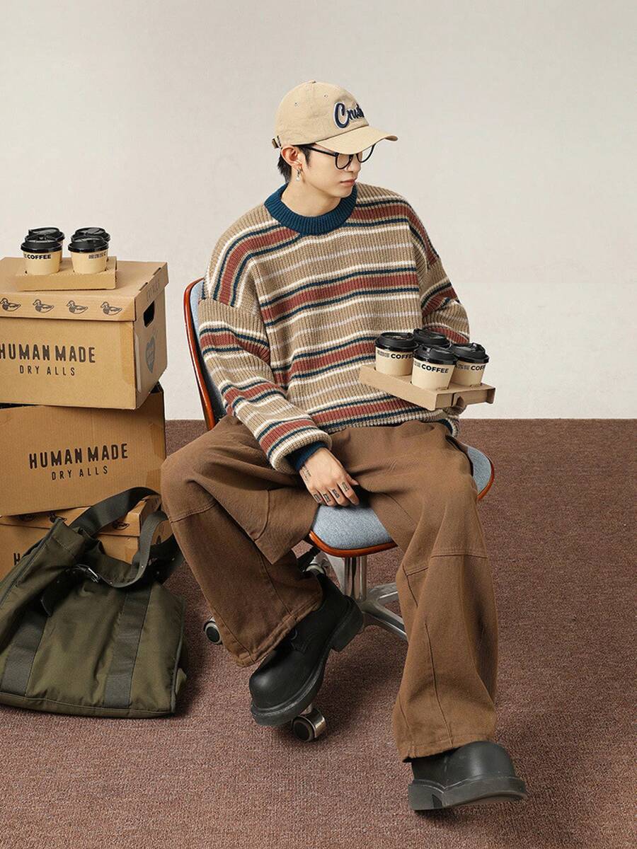 Men Sweaters - Khaki Strips - View 1