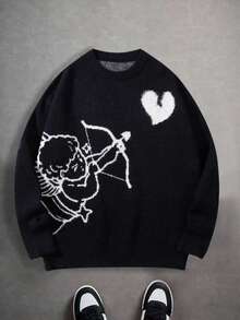 1pc Teen Boys Casual Outdoor Cool Fashion Angel Shooting Heart Jacquard Black Long Sleeve Sweater, Slouchy Crew Neck Knit Pullover, Warm & Thick, Suitable For Spring, Autumn & Winter