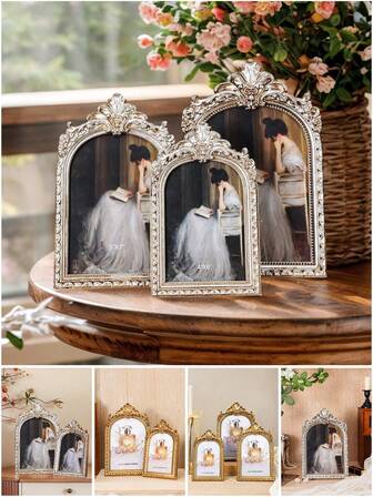 1pc Vintage Gold/Silver Arched Floral Decorative Photo Frame, Antique-Style Cozy Home Desktop Decor Picture Display, Suitable For Photo Display, Home Decor And Photography Props