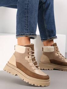 Autumn/Winter Retro Thick Sole Lace-Up Trapper Boots - Beige - View 2