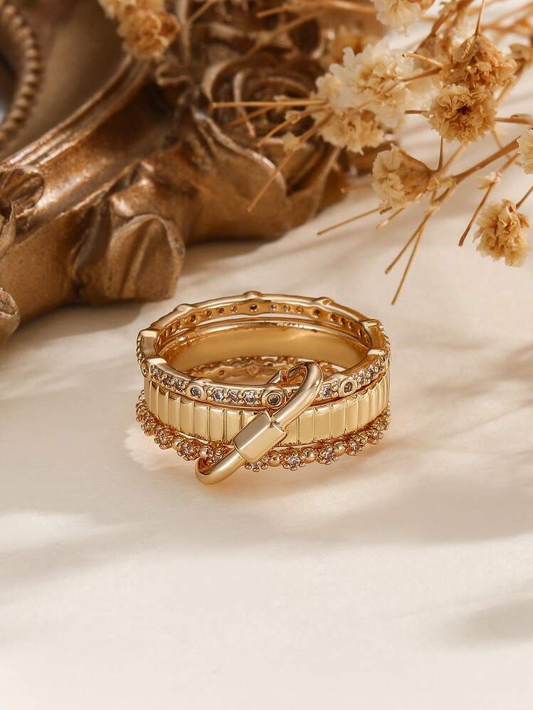 Kryxie Móc khóa kết hợp đá Cubic Zirconia nhiều lớp có thể điều chỉnh thời trang, phù hợp cho trang phục hàng ngày của phụ nữ - bộ nhẫn - Xem 8