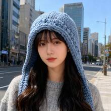 Autumn Winter Gentle Style Knitted Hooded Hat With Unique Braided Design, Warm Ear Protection Hat, Face Slimming Solid Color Balaclava For Women, Autumn Winter Ear Protection Warm Head Wrap Knitted Hat - 酒紅色 - 查看 11