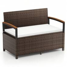 Outdoor Storage Bench W/Cushion Backrest & Acacia Wood Armrests Hidden Storage - Mix Brown - View 3