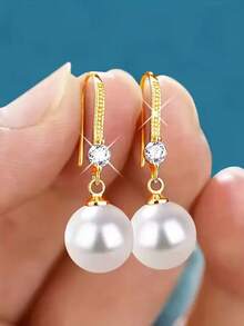 女士吊坠耳环，高品质白色人造珍珠订婚婚礼耳环，适合女性日常佩戴、婚礼和节日 - 理想的周年纪念、生日、母亲节、家庭礼物