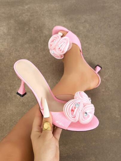 Women's High Heels, Suitable For Spring/Autumn Night Parties, Gatherings, Outdoor Occasions, Fashion Socialite High-End Banquet Electroplated Cup Heel, Fine High Heel, Round Toe, Glittering Rose Decor, High-Quality Mysterious Wavy Stone Texture Material, Sexy Mule, Wide Vamp, Slip-On, Elegant And Dignified, Pink Color, Suitable For Catwalk, Casual, Home, Outdoor, Street, Travel, Avant-Garde Slippers, Versatile High Heel Sandals