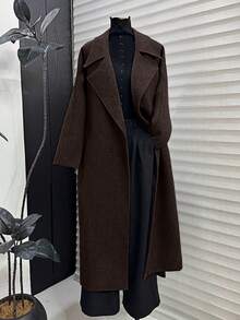 SMILE CHIC Brown Long Lapel Faux Wool Blend Coat With Belt, Versatile & Durable For Daily Wear - Rust Brown - View 3