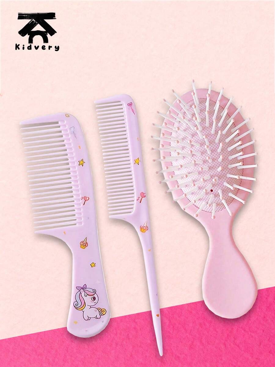 3pcs Unicorn Comb Set, Cartoon Design Air Cushion Brush And Fine Tooth Tail Comb, ABS Handle, Durable Plastic Bristles, Suitable For Children's Daily Hair Care/Styling/Dyeing/Perming, Perfect Gift For Kids - Multicolor - View 1