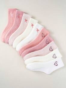 1/5 pares aleatorios de calcetines gruesos de invierno de peluche de visón para niños, serie rosa y blanca con diseño de corazón y lazo, calcetines cálidos hasta el tobillo