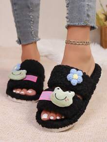 shensongni 女士毛绒拖鞋，动物拖鞋，青蛙拖鞋，小熊拖鞋，黑色拖鞋，可爱拖鞋，时尚拖鞋，EVA薄底拖鞋，轻便拖鞋，软底拖鞋，静音拖鞋，适用于硬木地板，卧室拖鞋，室内拖鞋，家居拖鞋，庭院拖鞋，办公室拖鞋，酒店拖鞋，地毯拖鞋，卡通拖鞋，毛绒拖鞋，女士拖鞋 - 黑色 - 查看 4