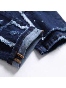 2025 Nuevos Pantalones de Mezclilla Desgastados con Múltiples Parches para Hombres Moda Streetwear Estilo Hip Hop Jeans Rotos para Atuendo Casual Lavado Vintage Ajuste Cómodo Estilo Urbano Pantalones Holgados - Azul Marino - Ver 6