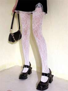 Women Floral Pattern Jacquard Hollow Out Fishnet Leggings, Sexy Tight Fit Pantyhose Stockings, High Stretch Sweet Tights 2DFW - trắng - Xem 2