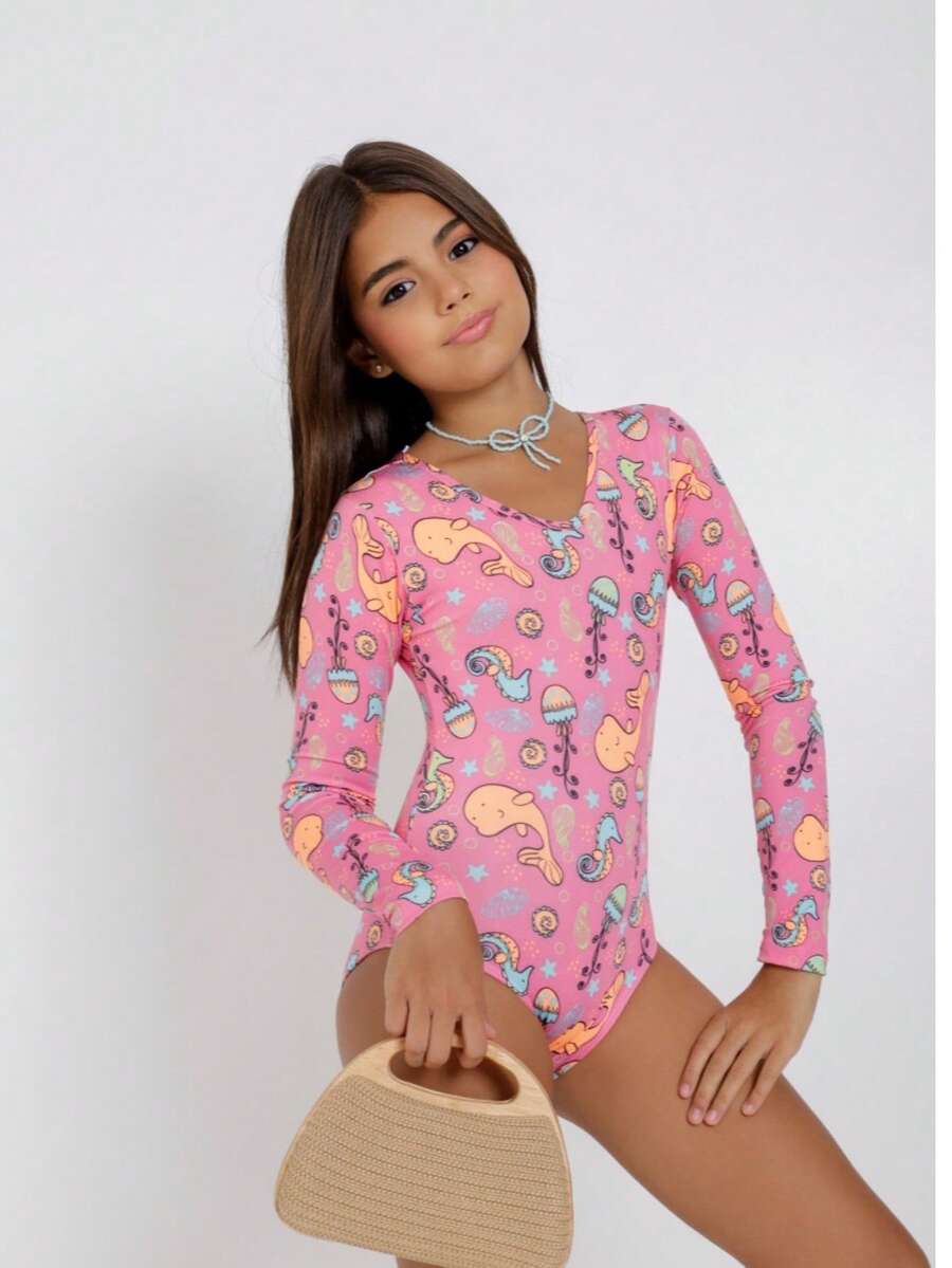 Girls' Swimsuit Lined With UV Protection, Long Sleeves, Youth Children's - 藕粉色 - 查看 1
