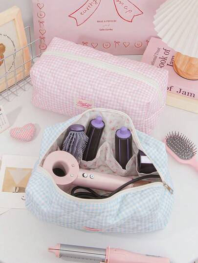 1 pieza Bolsa de almacenamiento acolchada con estampado de cuadros para secador de pelo, diseño de bolsillo interior, bolsa portátil para herramientas de peinado (rizador, secador de pelo), pinzas para el cabello, plancha, ideal para el hogar y viajes, organizador de maquillaje, artículos esenciales para viajes, cruceros, dormitorios, regalos para mamá, maestros, damas de honor, gran regalo para el Día de San Valentín y el Día de la Madre