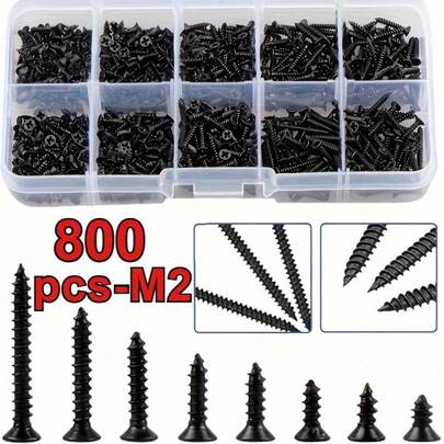 800颗M2黑色螺丝套装，包含锁紧螺丝和木螺丝，采用耐用金属材质，螺旋柄和平头设计，适用于木材维修和电器组装，并附赠便捷收纳盒。