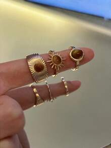 3 件套复古棕色宝石戒指，适合女士，女孩，太阳不对称金色美学戒指，开口可调节戒指，时尚珠宝礼物 - 棕色 - 查看 2