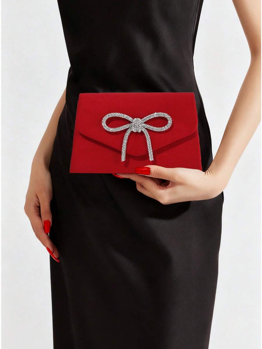 Túi xách nhung mini màu đỏ đính nơ Rhineston lấp lánh dành cho nữ, túi xách dự tiệc và đám cưới