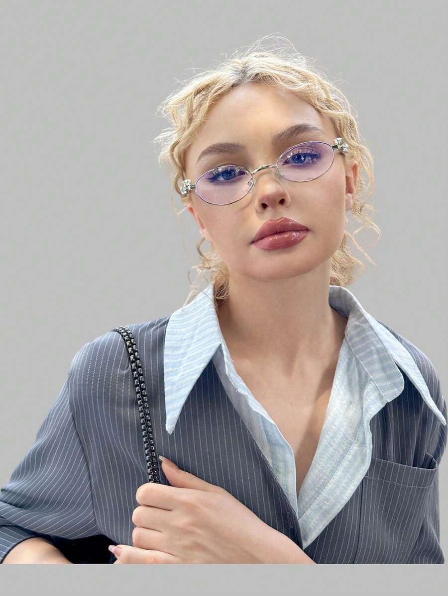 DareSee 1pc Women's Metallic Oval Narrow Frame Rhinestone-Inlaid Fashion Glasses, Y2K Vintage Kawaii Plain Eyewear For Daily Styling Glasses Accessories For Women Music-Fest Y2K-Fest Back To School Autumn Winter Gifts
