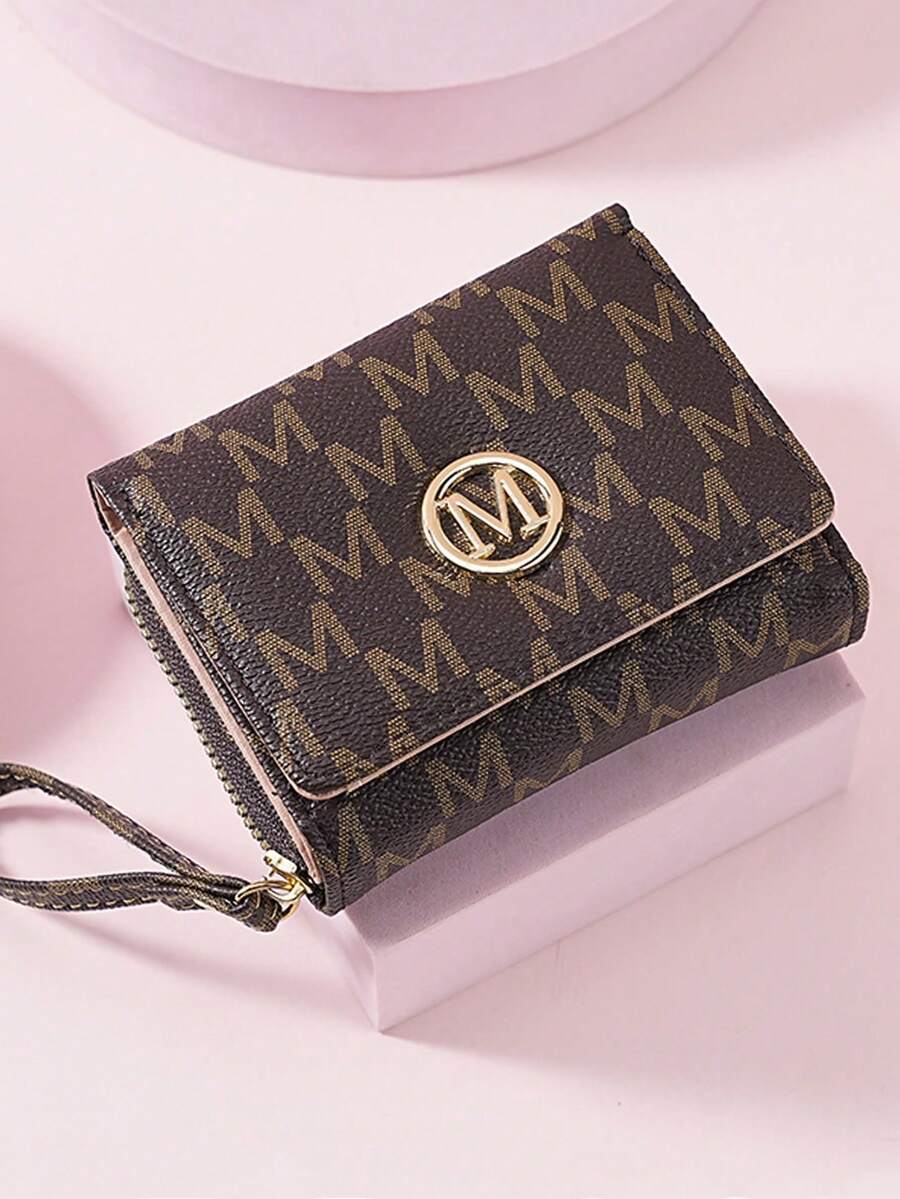 复古字母M钱包 女士短款拉链三折时尚新款多卡位手拿包零钱包 女士钱包 迷你钱包 钱包 小钱包 可爱钱包 手腕包 男士钱包 男士钱包 皮革卡包 零钱包 - 咖啡 - 查看 1