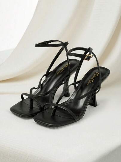 Clariva 女士黑色方头细带高跟凉鞋，性感优雅的圣诞礼物