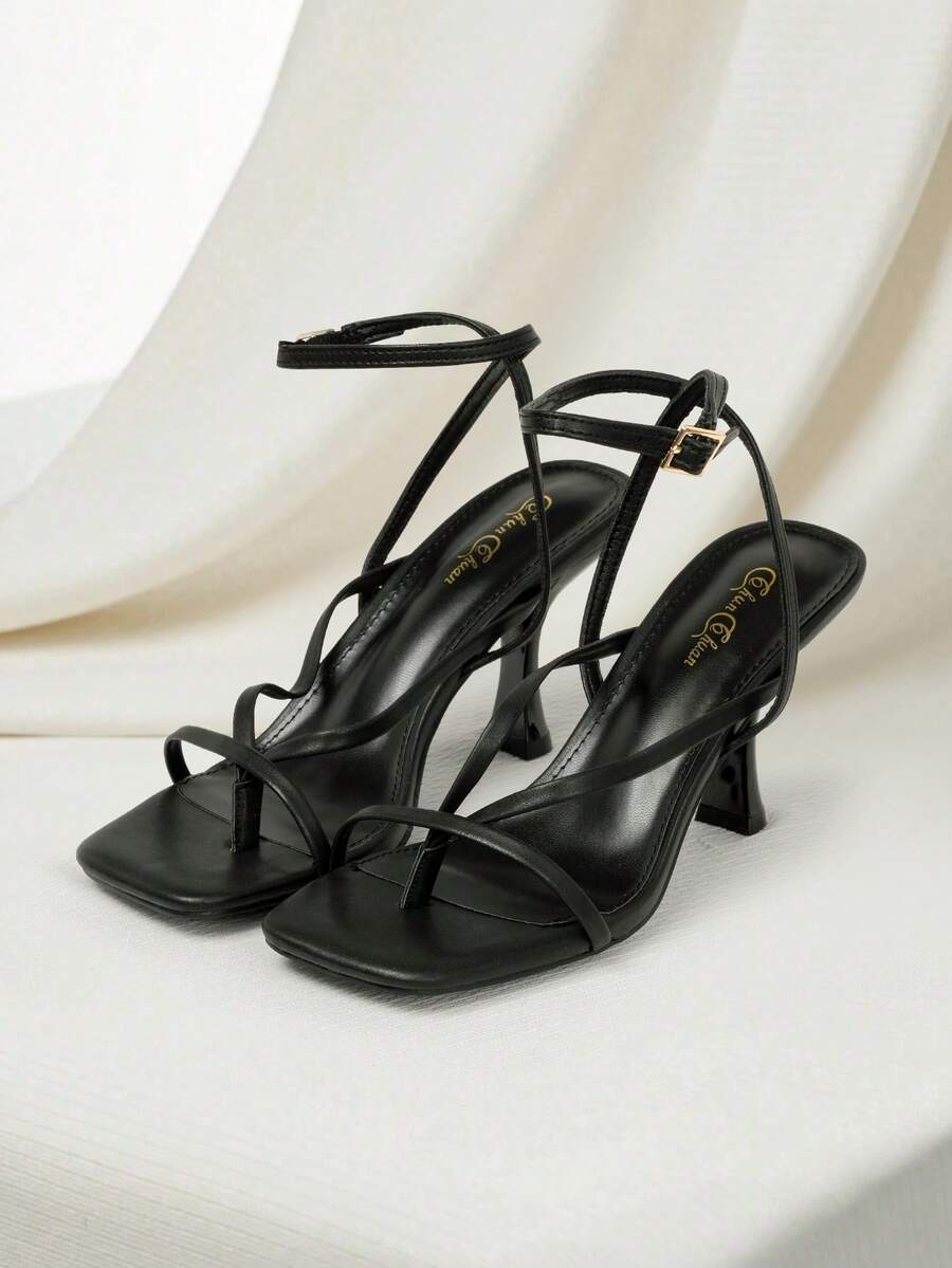 Clariva 女士黑色方头细带高跟凉鞋，性感优雅的圣诞礼物 - 黑色 - 查看 1