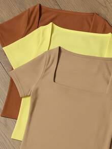 Square Suplex Cropped Top With Casual Lining For Women, Kit With 3 - 棕色/黃色/米色 - 查看 2