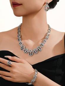 Bộ trang sức Dubai Ả Rập Saudi 4 món, Vòng cổ nhiều lớp đính đá Cubic Zirconia trắng khảm đồng, Bộ trang sức dự tiệc/hẹn hò/quà tặng dành cho nữ, Phong cách Trung Đông và Châu Âu - vàng - Xem 2