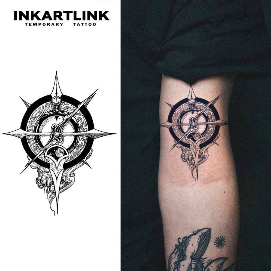 Hình xăm tạm thời INKARTLINK hình la bàn ngôi sao, thiết kế bút lông vũ tối màu, chống thấm nước lâu dài 1-2 tuần, hình xăm giả chân thực, thiết kế kỳ ảo, phong cách hình xăm nước ép - màu đen - Xem 1