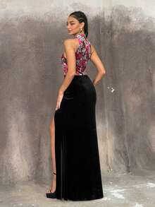 Faeriesty Modern Chinese Qipao Dress: Sleeveless High Slit Cheongsam. Elegant Evening Gown For Galas, Weddings, Banquets & Red-Carpet Events. - Black - View 2