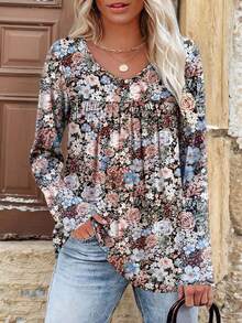 Plus Size Women's New Year Printed V-Neck Casual Long Sleeve T-Shirt, Spring/Autumn Vacation - Multicolor - View 2