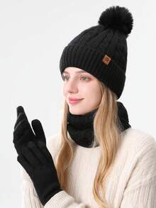 女士冬季针织帽、围脖和触屏手套三件套,双层保暖内衬,图案纹理面料,毛球装饰,适合滑雪、旅行、驾驶、约会、送礼、日常使用,情人节礼物 - 彩色 - 查看 18