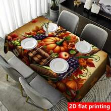 1 pieza Mantel rectangular con estampado de canasta de frutas de calabaza y hojas de arce, impermeable y con aislamiento térmico de poliéster, apto para uso interior y exterior, decoración de Acción de Gracias