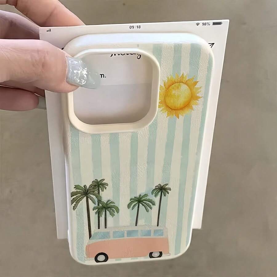 1 chiếc ốp lưng điện thoại bằng da màu trắng, kiểu dáng tối giản, cá nhân hóa, họa tiết xe buýt du lịch, cây dừa, sọc xanh lá cây, tương thích với iPhone 16 Pro Max, 17/16/15/14 Plus/13/12/11, Series - Nhiều màu - Xem 1