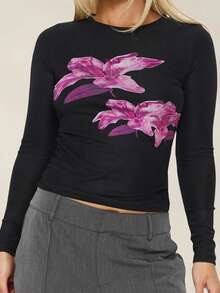 Women's Spring Fall Floral Tops Long Sleeve Round Neck Slim Fit Blouse For Party - Negro - Ver 2