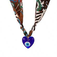 1pc Vintage Bohemian Style Scarf Necklace, Heart & Evil Eye Pendant Necklace, Colorful Silk Necklace, Suitable For Women Casual, Holiday, Beach