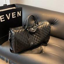 男士休闲格子 PU 皮革手提包，带零钱包的旅行包，大容量男女通用单肩包，适合旅行和日常通勤 - 黑色 - 查看 2